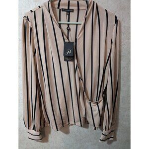 Adrianna Papell Women's Blouse sz Md Blush Black Striped Faux Wrap Top LS